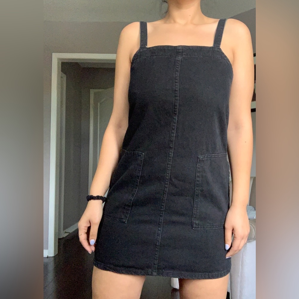 MNG by Mango Black Denim Overall Dress Size Small